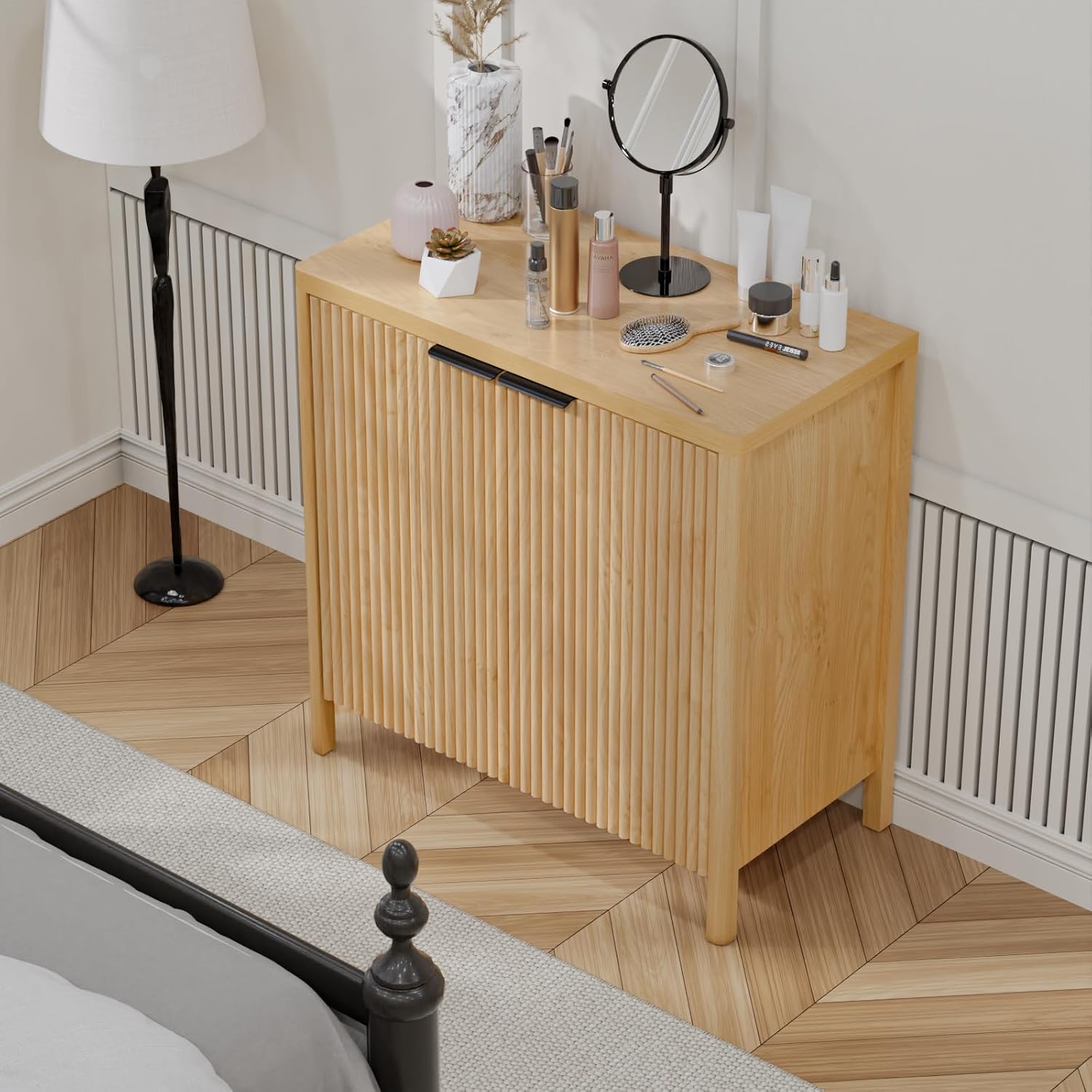 HOMMPA 31.5'' Sideboard Buffet Cabinet with Storage Fluted Sideboard Buffet with Adjustable Shelves Coffee Bar Console Table Cabinet for Hallway Entryway Living Room or Kitchen Natural