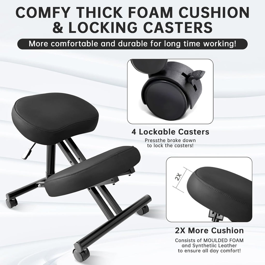 PU Leather Ergonomic Kneeling Chair, Adjustable Home and Office Stool with Thick Pads and Flexible Lockable Brake Wheels for Back Pain Relief (Light Black)