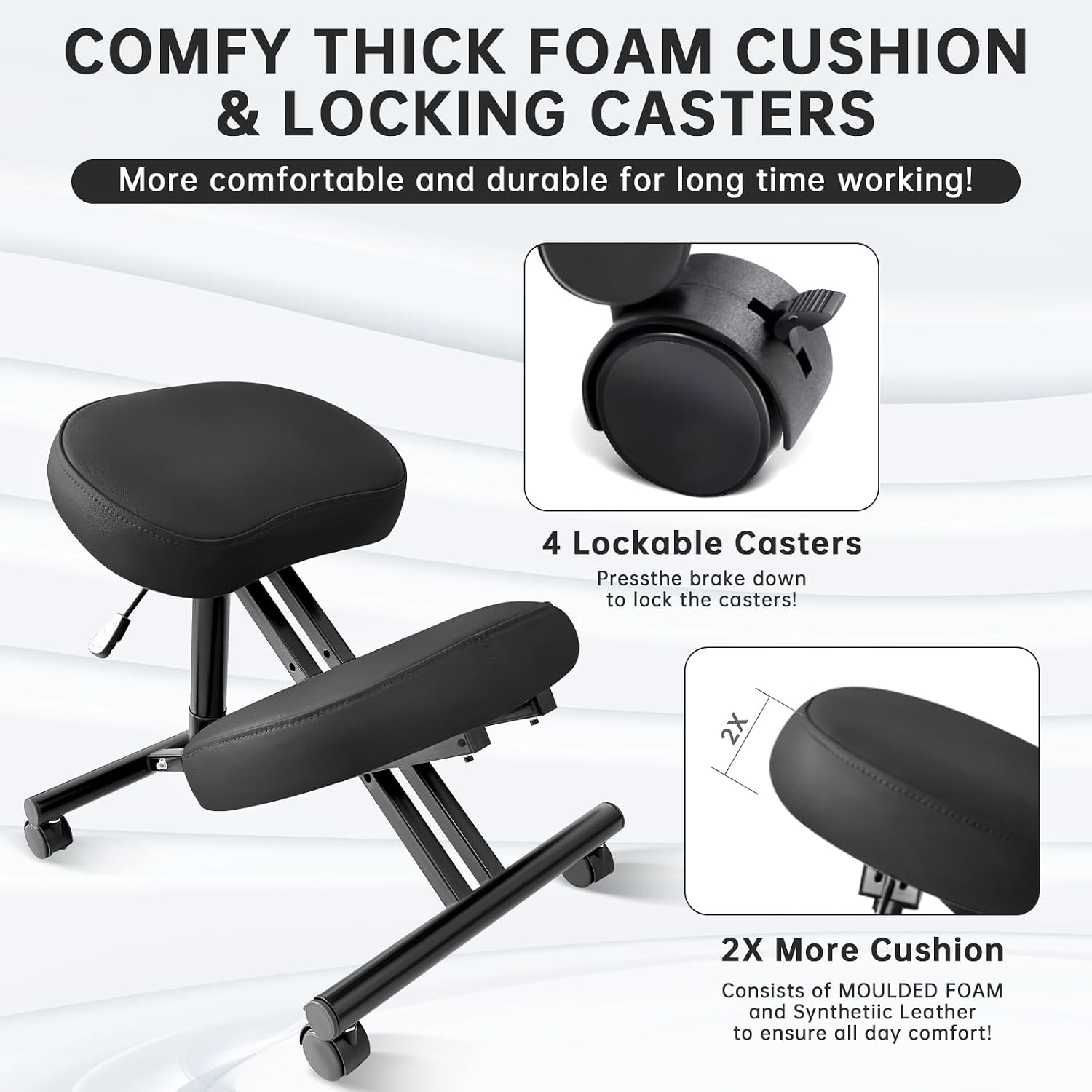 PU Leather Ergonomic Kneeling Chair, Adjustable Home and Office Stool with Thick Pads and Flexible Lockable Brake Wheels for Back Pain Relief (Light Black)