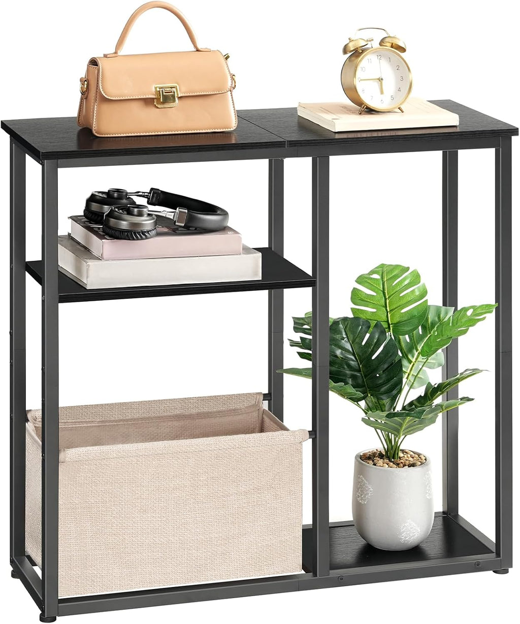 HOOBRO Narrow Console Table with Storage Basket, 29.5" Small Entryway Table with 3-Tier Storage Shelves, Behind Couch Sofa Table, Hallway Table for Living Room, Black and Beige BB60XG01