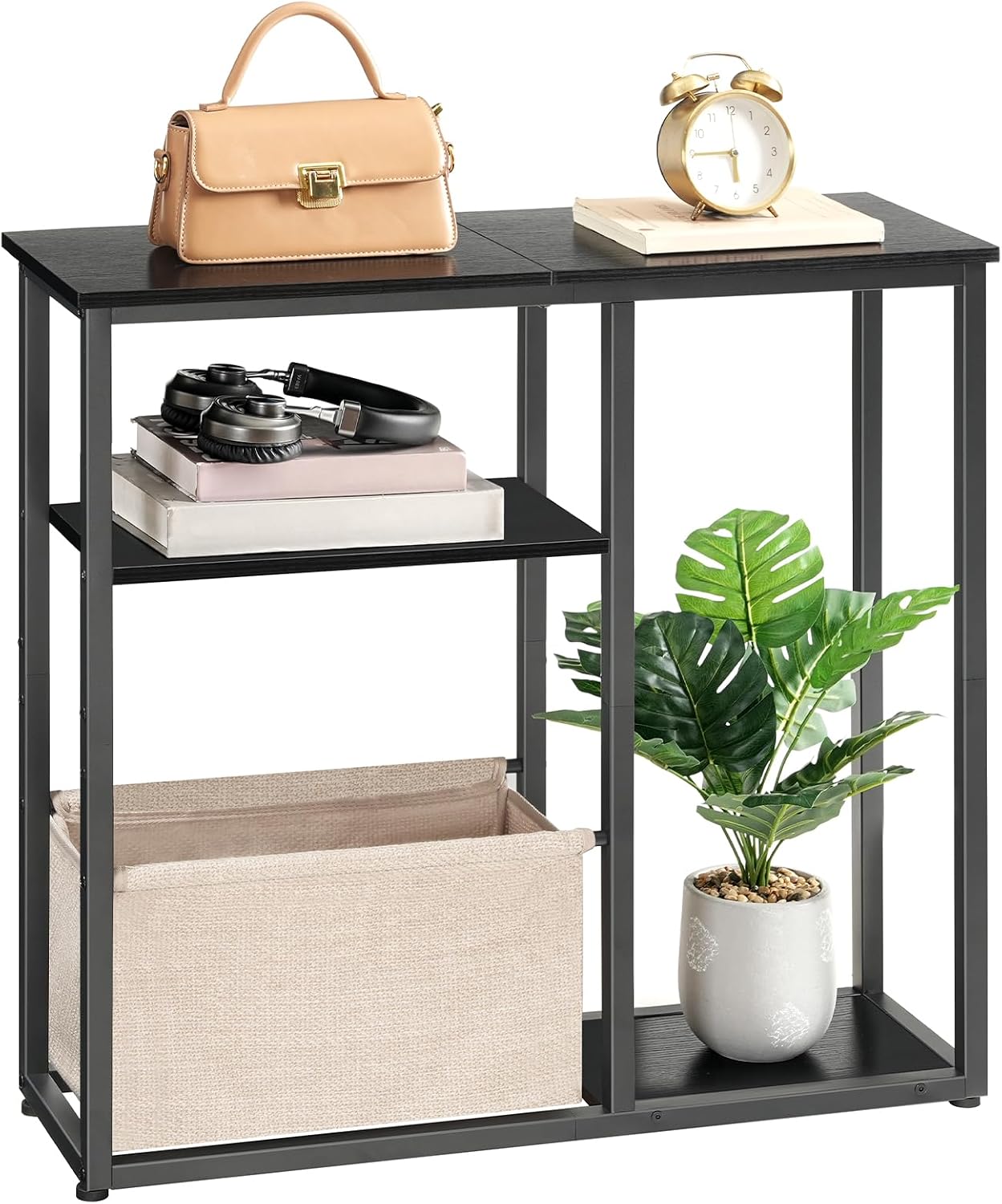 HOOBRO Narrow Console Table with Storage Basket, 29.5" Small Entryway Table with 3-Tier Storage Shelves, Behind Couch Sofa Table, Hallway Table for Living Room, Black and Beige BB60XG01