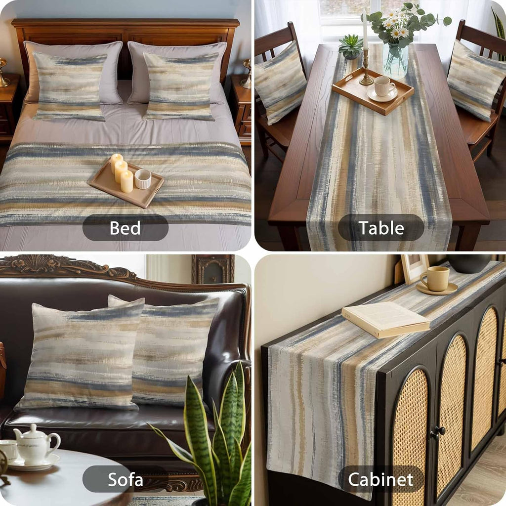 California King Size Abstract Coastal Landscape Bed Runner Set 102 x 20 inch Modern Retro Mottled Beige Blue Bed Runners with 2 Matching Pillow Covers, Decorative Throw Pillowcases Bedding Scarf
