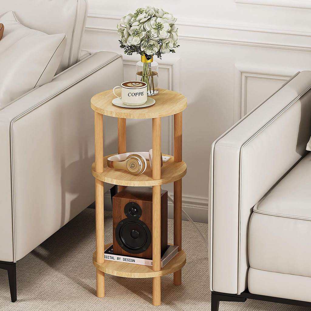LUCKNOCK Small Round Side Table with Charging Station, 3-Tier Solid Wood End Table, Narrow Compact Sofa Bedside Table for Small Spaces, Easy Assembly for Living Room, Bedroom, Apartment (Natural)