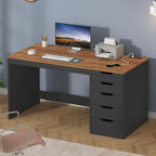 YOMILUVE 47 Inch Computer Desk with 5 Drawers and Power Outlets, Home Office Desks with Storage File Cabinet, Modern Simple Laptop Desk Writing Table for Small Spaces, Brown and Black