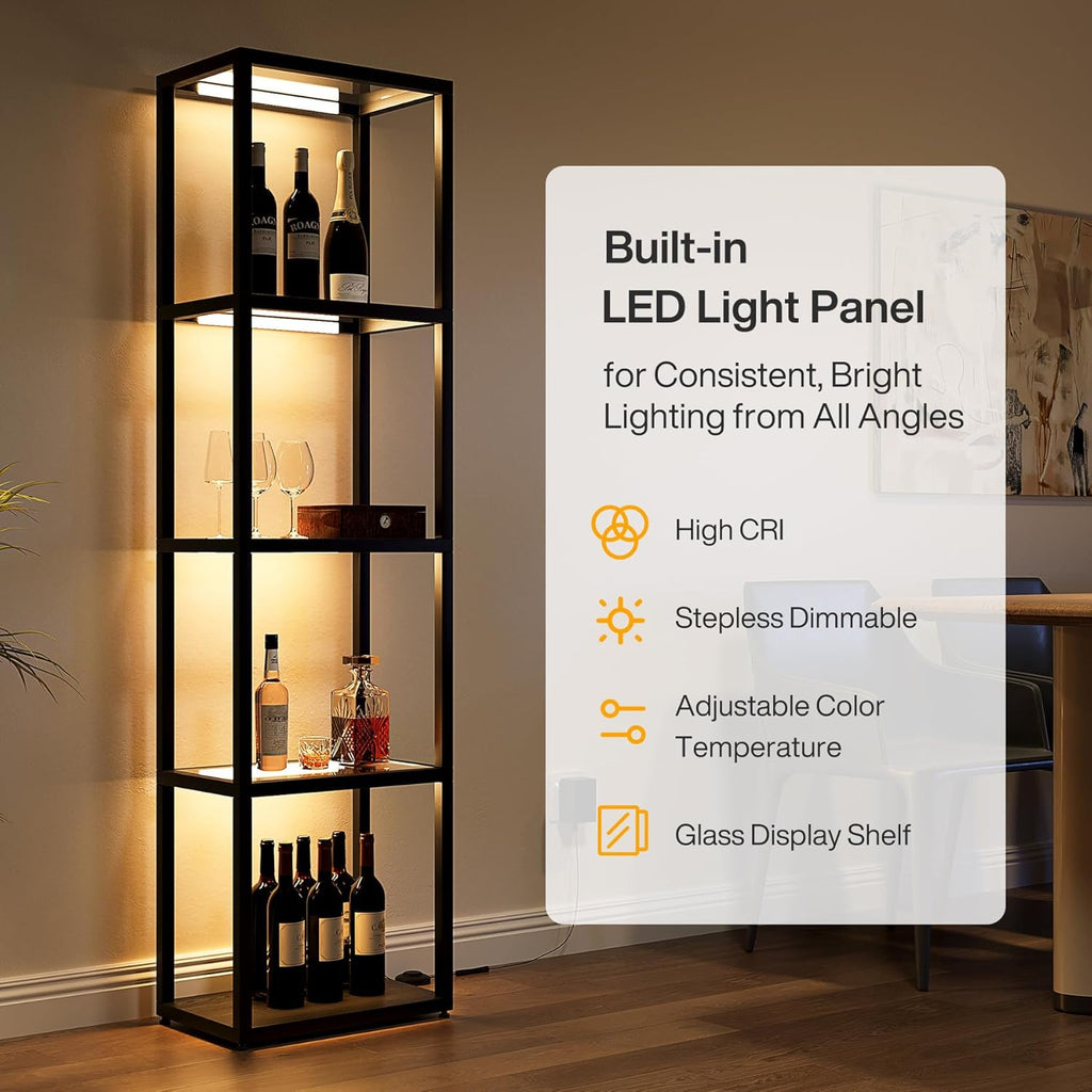Tribesigns Display Shelf Floor Lamp with Shelves, Modern Black Glass Display Cabinet with Remote & 3 CCT Dimmable LED, Tall 5-Tier Wooden Conner Open Bookshelf Lamp for Bedroom Office Living Room
