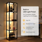 Tribesigns Display Shelf Floor Lamp with Shelves, Modern Black Glass Display Cabinet with Remote & 3 CCT Dimmable LED, Tall 5-Tier Wooden Conner Open Bookshelf Lamp for Bedroom Office Living Room