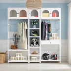 White Steel Wardrobe with Arched Sunlight Panel Doors, Hanging Rail, Open Shelves, 95.1 in Tall, Modern Bedroom Closet Organizer (White1)