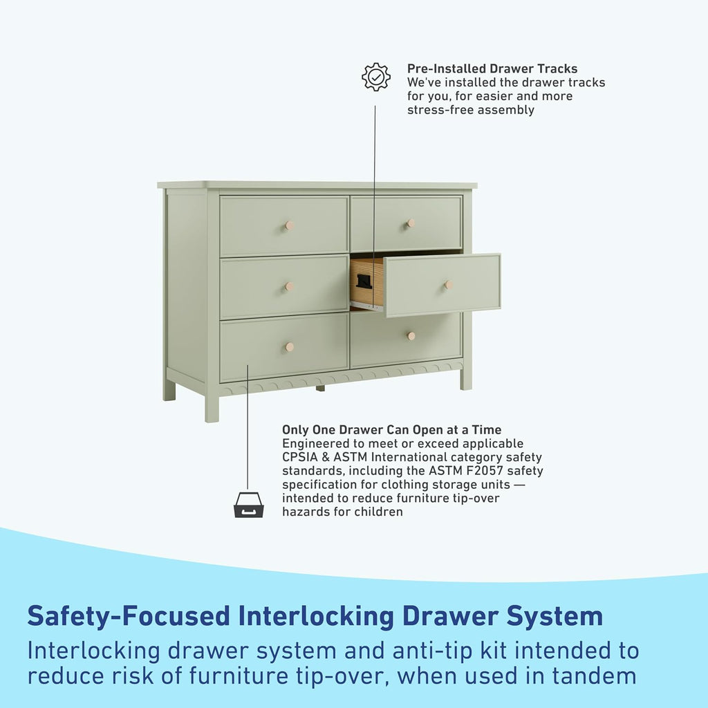 Graco Sasha 6 Drawer Dresser, Sage | GREENGUARD Gold Certified, Removable Bookshelves, Nursery & Kids Bedroom Wood Dresser, Spacious Storage, Interlocking Drawers