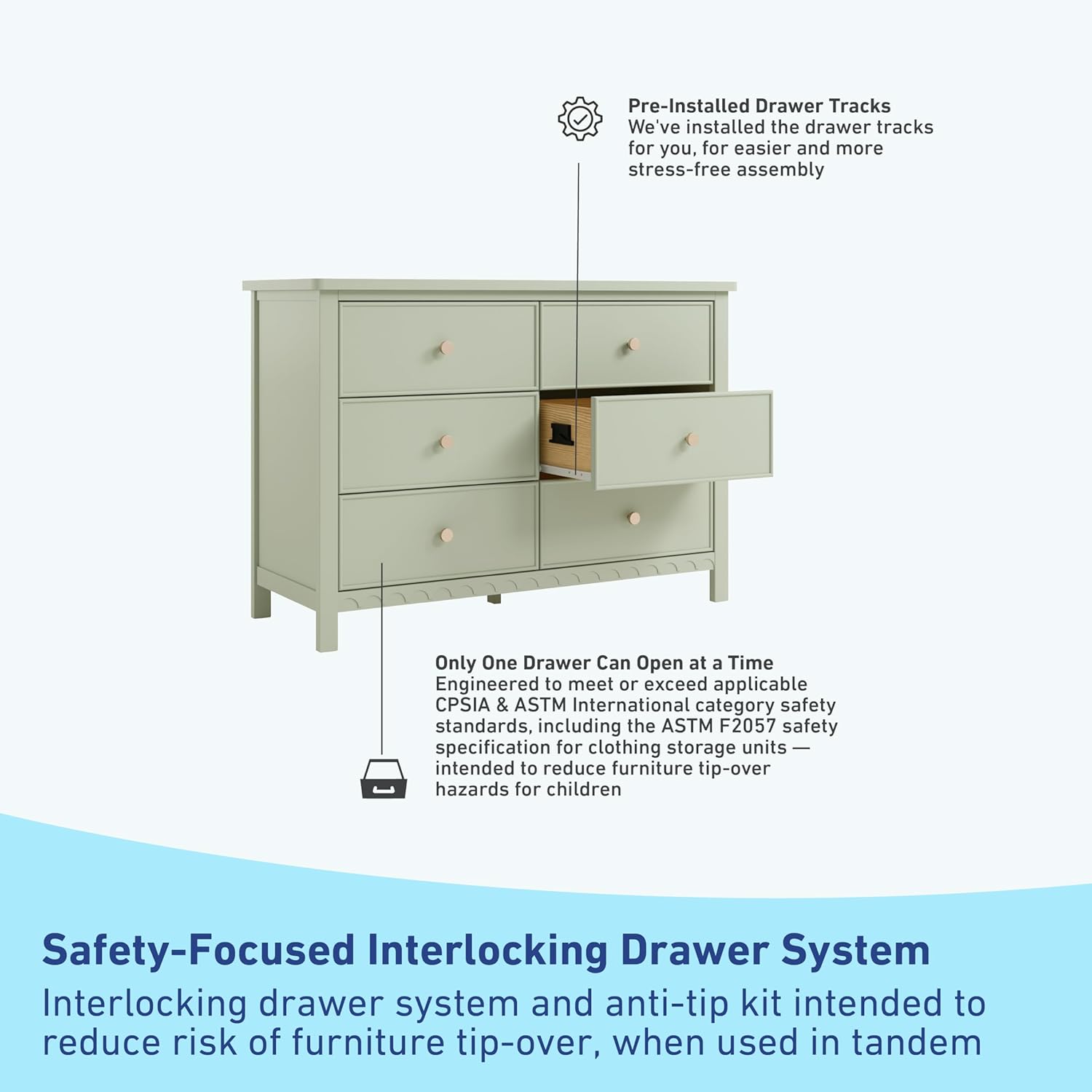Graco Sasha 6 Drawer Dresser, Sage | GREENGUARD Gold Certified, Removable Bookshelves, Nursery & Kids Bedroom Wood Dresser, Spacious Storage, Interlocking Drawers