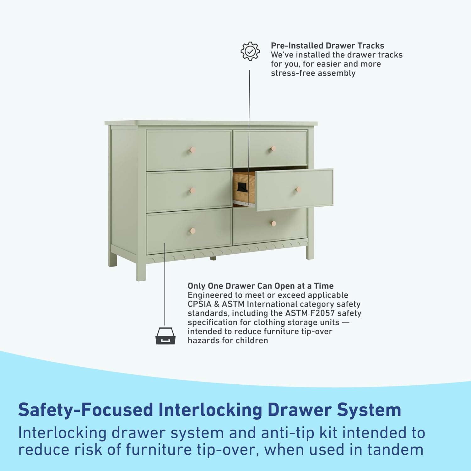 Graco Sasha 6 Drawer Dresser, Sage | GREENGUARD Gold Certified, Removable Bookshelves, Nursery & Kids Bedroom Wood Dresser, Spacious Storage, Interlocking Drawers
