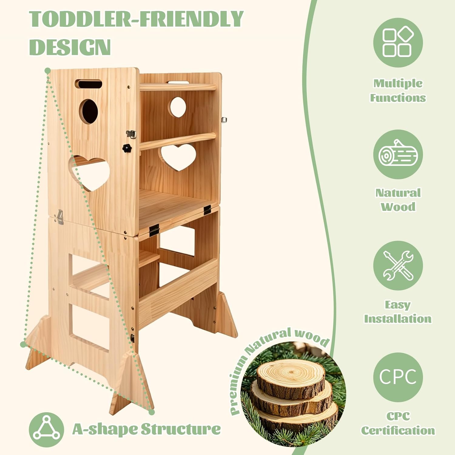 Heifriday Toddler Kitchen Step Stool for Kids 4-in-1 Hardwood Foldable Learning Standing Tower with Blackboard and Anti-tip Pad,Wooden Kitchen Stool Helper for 1-3 Year Old Boy Girl Gifts