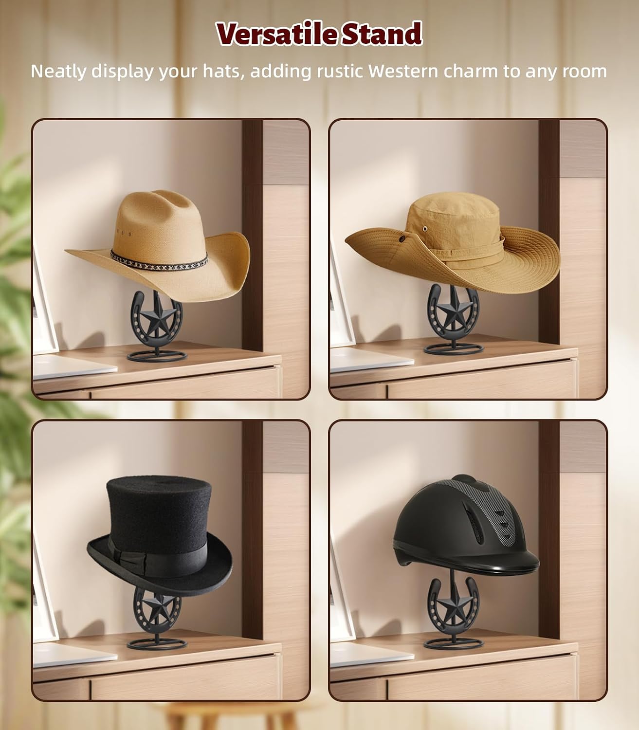 Cowboy Hat Stand, Hat Display Stand Tabletop, Western Horseshoe Decor, Cowboy Hat Rack, Cowboys Gifts for Men, Western Stuff, Desk Hat Rack for Fedora, Sun Hats, Straw Hats, Iron, Black, 2 Packs