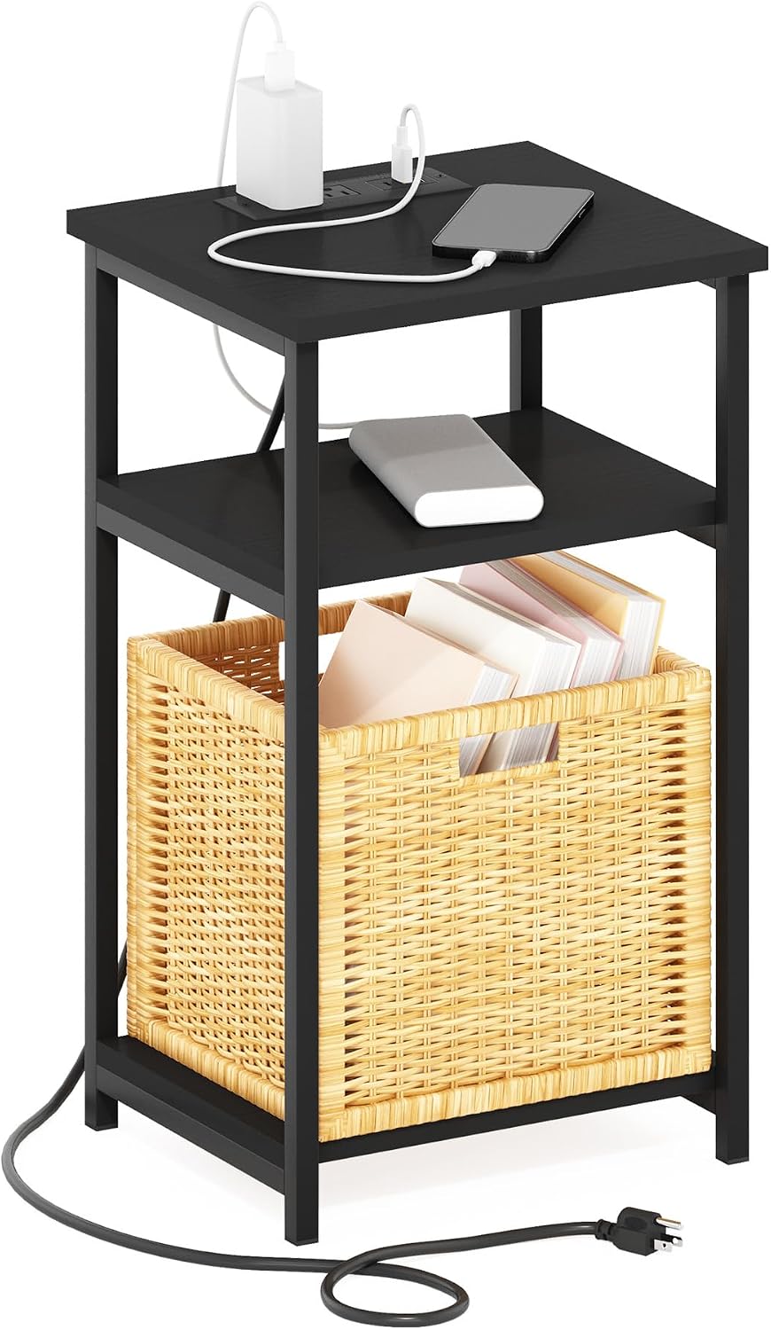 Furinno Moretti 3-Tier Black End Table with Charging Station, Metal Frame Side Table with USB and Type-C Charging Port, Night Stand, Bedside Table for Living Room, Bedroom, Dark Americano
