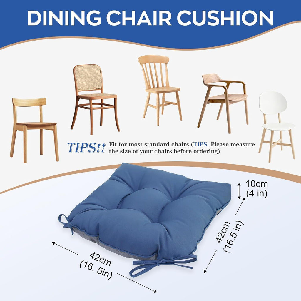 Chair Cushions for Dining Chairs Set of 2 Non Slip Cushions for Kitchen Chairs 4" Thick Seat Cushions 2 Pack Waterproof Chair Pads for Dining Room Indoor with Ties 16.5"x16.5" Tufted Memory Foam Blue