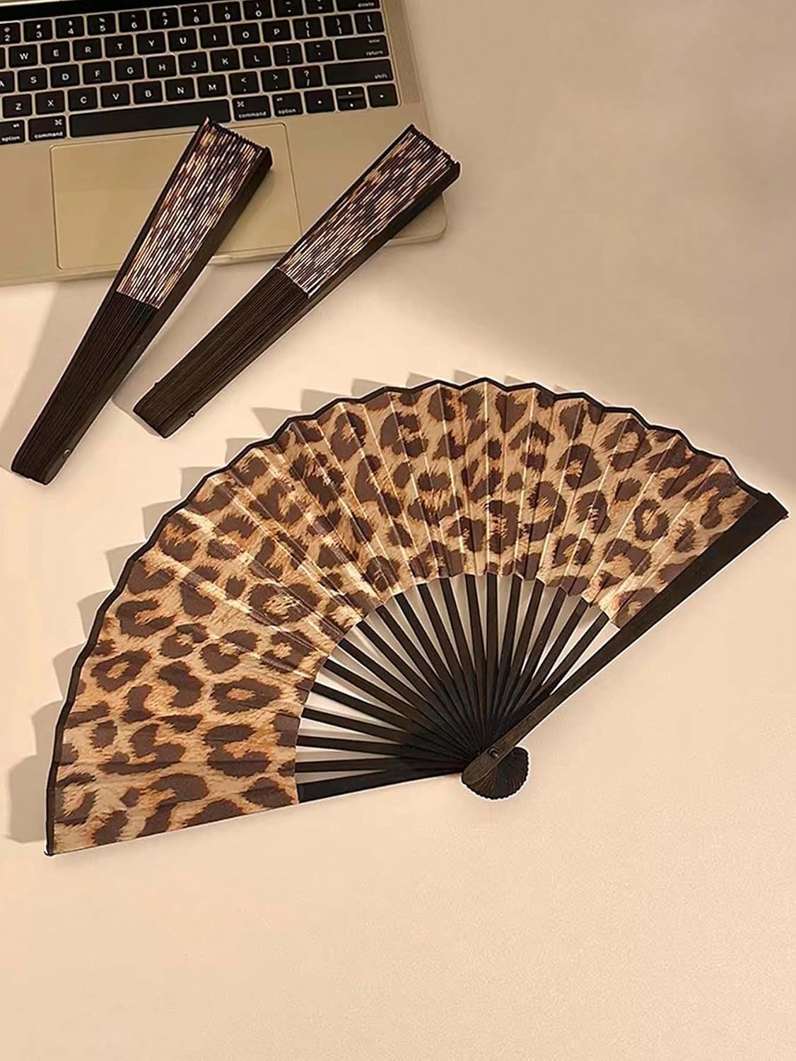 Elegant Leopard Print Folding Fan with Black Frame, Fashionable Princess Theme, Lightweight and Portable Handheld Fan for Women