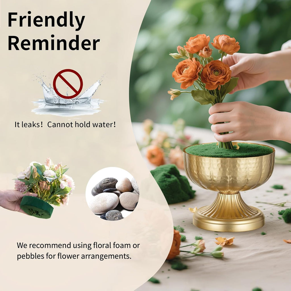 NUPTIO Gold Vases for Centerpieces Wedding: Hammered Brass Compote Vases for Small Flowers Arrangements - Metal Pedestal Bowl for Table Home Decor Set of 2