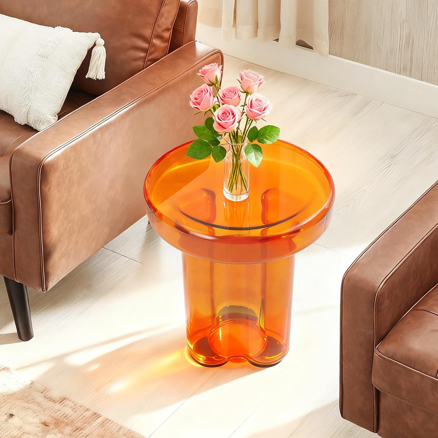 Coffee Table, Round Glass Side Table with Unique Petal Design Pedestal, Simple Center Tables, Modern End Tables with Tempered Glass-Base and Top for Small Spaces