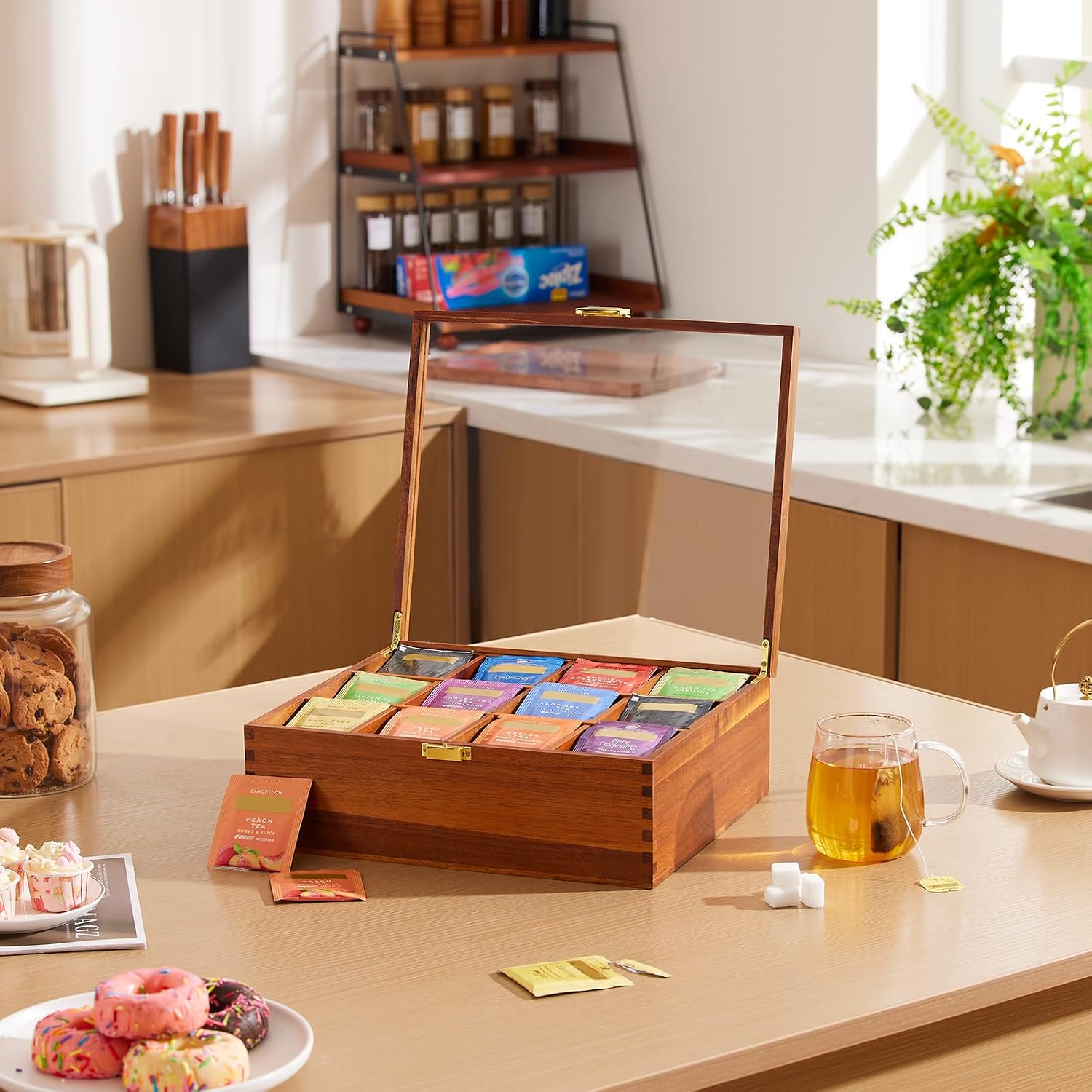 HouseJoy Wood Tea Bag Organizer: 12 Compartments with Clear Glass Lid | Acacia Wood-Large Capacity-Tea Bag Storage Holder for Countertop Kitchen Pantry-Gift For Tea Lover-Keep Tea Bag Fresh
