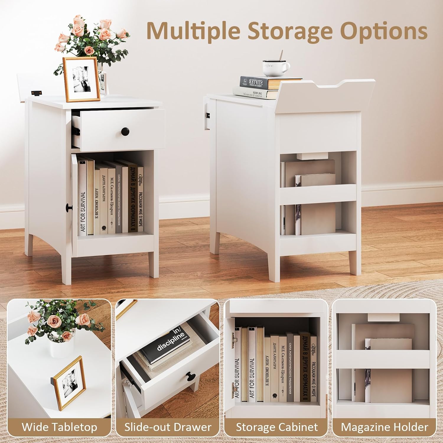 Giantex Night Stand Set 2 with Charging Station, Flip Top End Side Table w/USB Port & Outlets, Modern Bedside Table w/Storage Drawer, Cabinet, Magazine Rack, Narrow Wood Nightstand for Bedroom (White)