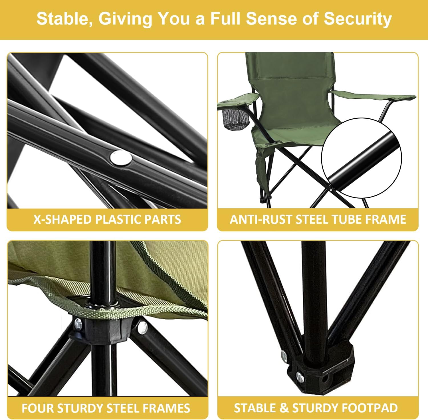 Folding Camping Chairs with High Back, Comfortable Outdoor Chairs 300lbs Capacity Lightweight Portable Chair with Storage Bag for Camping, Fishing, Green