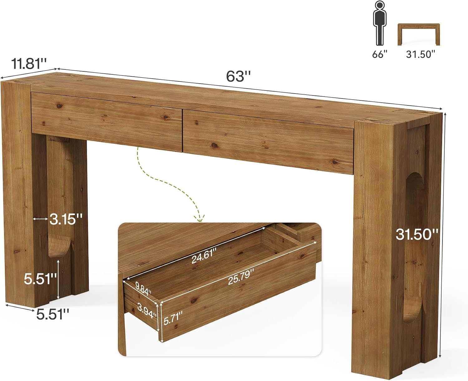 LITTLE TREE 63" Solid Wood Console Table, Farmhouse Entryway Table with 2 Drawers and U-Shaped Legs, Long Sofa Table Behind Couch for Entrance, Hallway, Living Room, Foyer