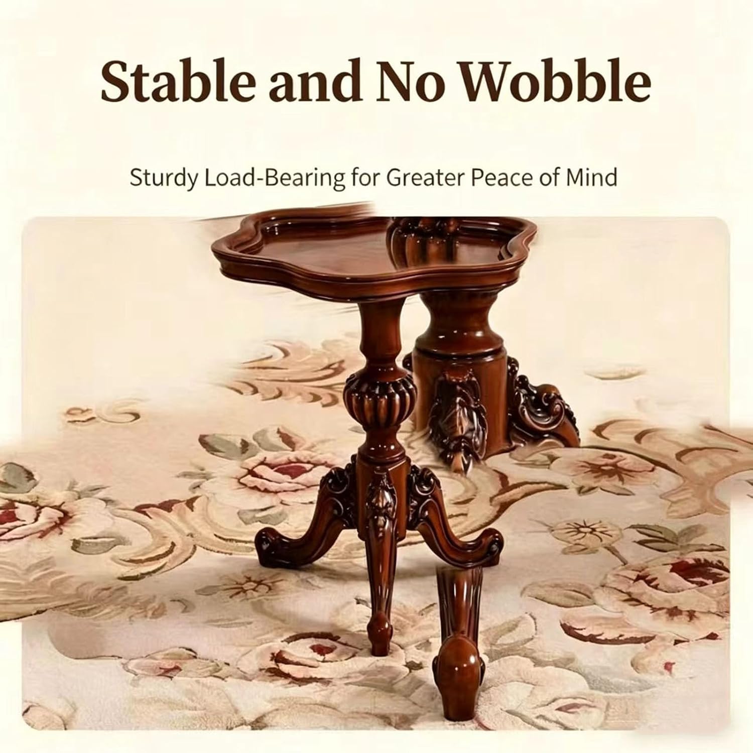 Solid Wood Carved Side Table, Vintage Round End Table with Raised Edge, Tripod Base for Living Room Sofa Bedroom Nightstand (Walnut)