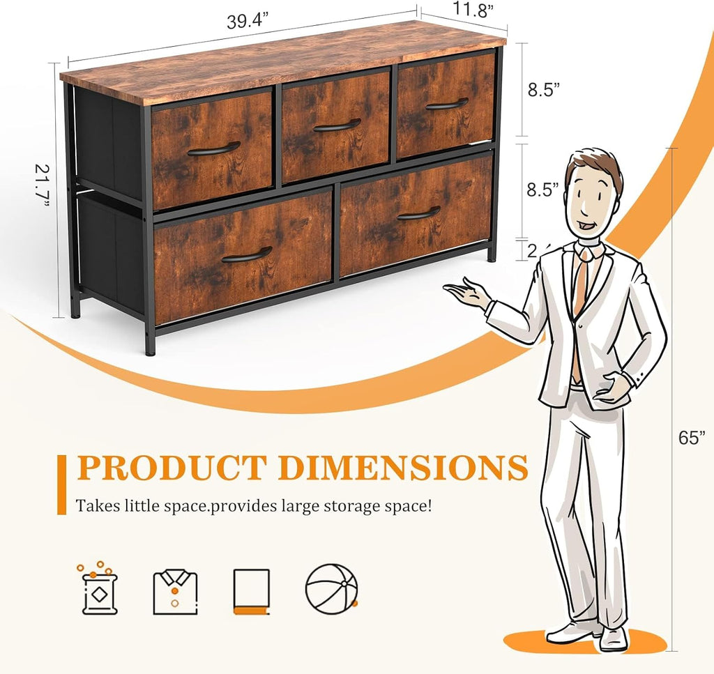 SMUG 5 Drawer Side Table with Tray, Portable Metal Frame with Adjustable Feet, Wood Stand for Office