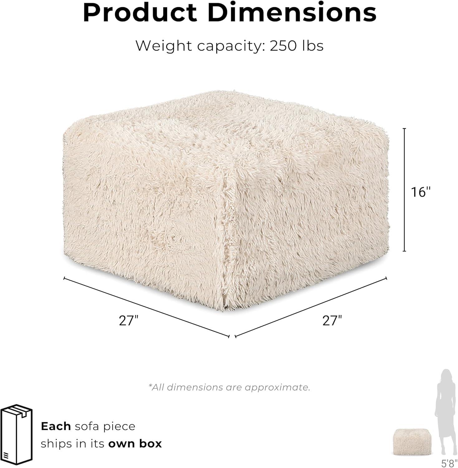 Furniture of America Havyn Modern Faux Fur 1-Seater Square Modular Foam Ottoman, Compressed Couch in a Box, No Assembly Required, for Living Room and Office, Sand