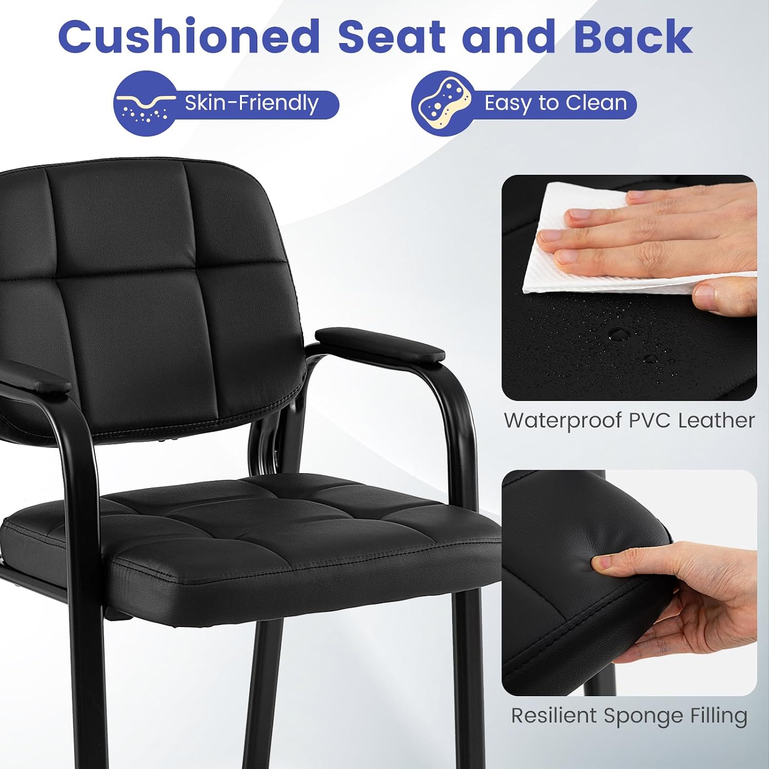 Giantex Waiting Room Guest Chairs Set of 2, Leather Office Reception Chairs with Padded Armrests, Metal Frame, Stationary Side Chairs No Wheels for Conference Meeting Lobby Home, Black