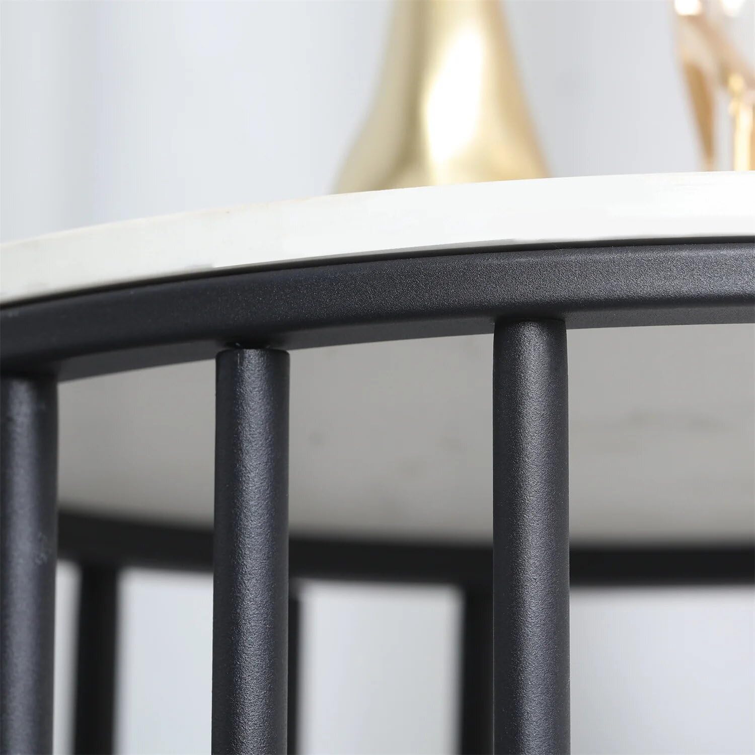 2-Tier White Marble Side Table Round Coffee Table Nightstand Jewellery Storage Shelves (Black Frame)