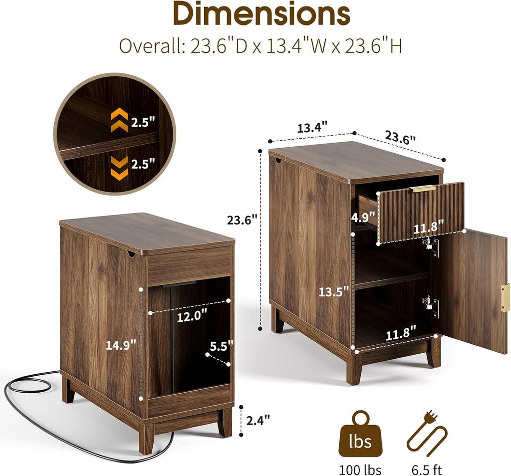 Yoobure End Table with Charging Station - Narrow Side Table for Living Room, Fluted Night Stand with Drawer and Storage Cabinet, Wood Nightstand with Adjustable Shelf for Bedroom Small Spaces