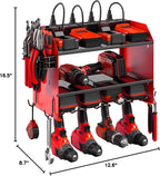 CCCEI Modular Power Tool Organizer Wall Mount with Charging Station. Garage Drill Storage Shelf with Hooks, Heavy Duty Rack, Tool Battery Holder Built in 8 Outlet. Gift for Men. Red, 1 Pack.