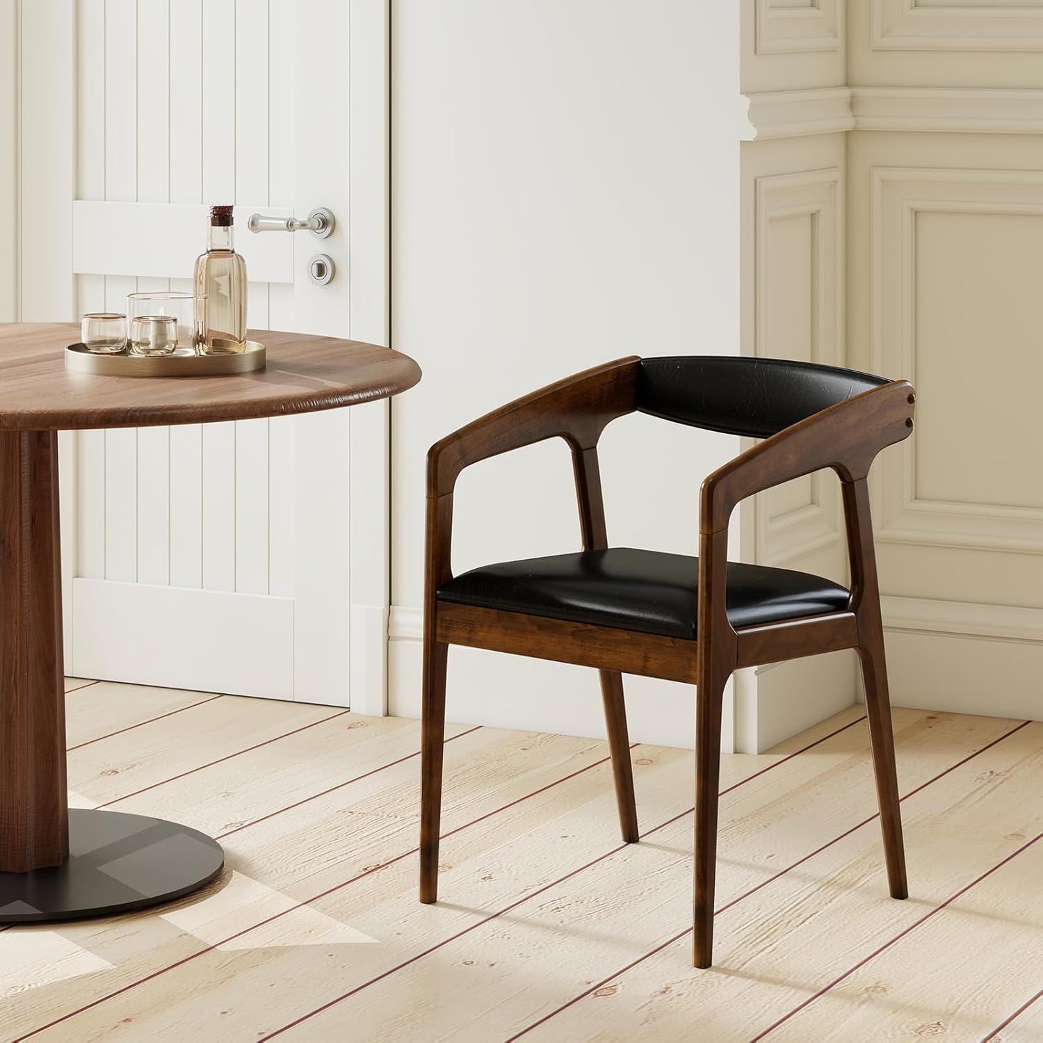 COSTWAY Dining Chairs with Arms Set of 4, Mid Century Modern Wooden Accent Chairs with Faux Leather Seat & Padded Backrest, Kitchen Side Armchairs for Living Dining Reading Room, Brown & Black