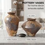 Small Stone Vase for Rustic Home Decor, Farmhouse Antique Pottery Vase Furniture&Table Flower Decorative, Round Terracotta Vases for Living Room Decor, Modern Rustic Concrete Clay Art Vases