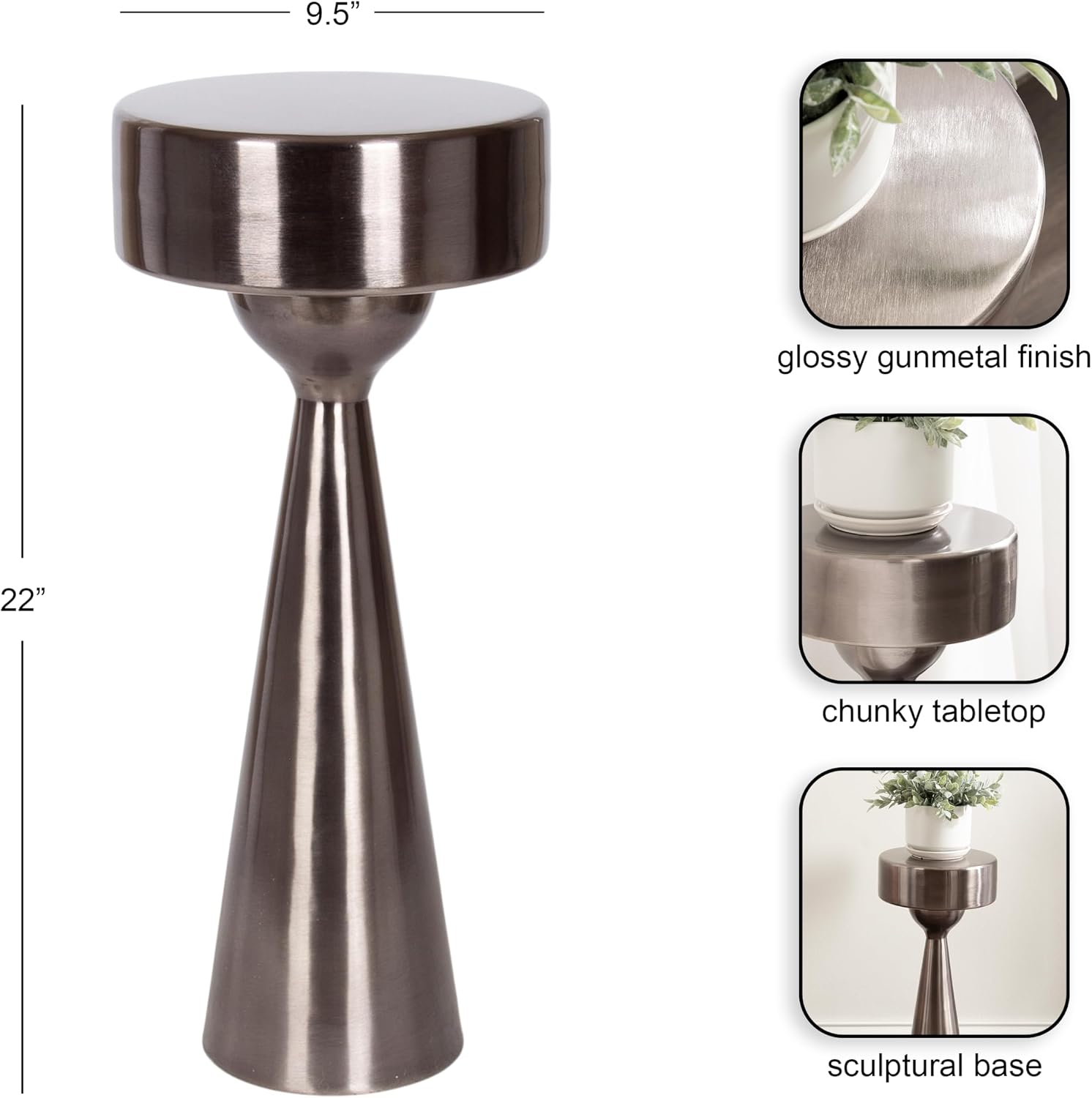 Kate and Laurel Solbrett Modern Sophisticated Metal Drink Table, 10 x 10 x 22, Gunmetal, Contemporary Mini Pedestal Table with Unique Sculptural Design for Use as Indoor Plant Stand