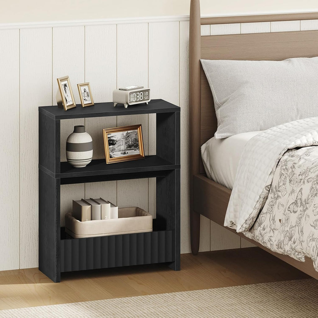 MAHANCRIS Narrow Side Table, 3-Tier Small End Table with Storage Shelf, Skinny Nightstand Sofa Table for Small Spaces, Slim Bedside Table with Magazine Holder for Living Room, Bedroom, Bathroom, Black
