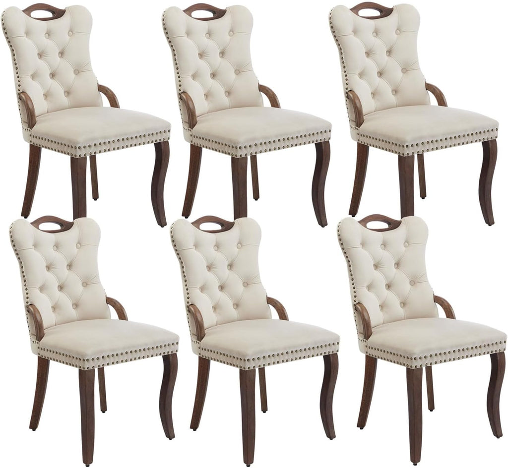 Shenyon Beige Velvet Dining Chairs Set of 6，Modern Upholstered Dining Room Chairs with Tufted Back and Wood Accents, Curved Solid Wood Legs & Nailhead Trim, Sillas De Comedor Modernas 6
