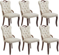 Shenyon Beige Velvet Dining Chairs Set of 6，Modern Upholstered Dining Room Chairs with Tufted Back and Wood Accents, Curved Solid Wood Legs & Nailhead Trim, Sillas De Comedor Modernas 6