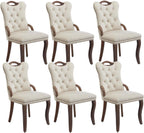 Shenyon Beige Velvet Dining Chairs Set of 6，Modern Upholstered Dining Room Chairs with Tufted Back and Wood Accents, Curved Solid Wood Legs & Nailhead Trim, Sillas De Comedor Modernas 6