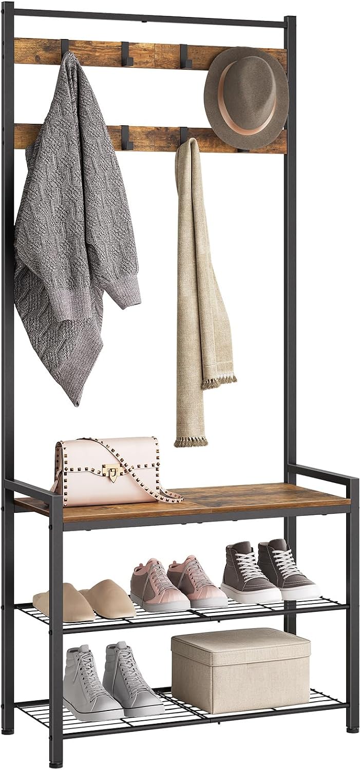 YATINEY Hall Tree, Coat Rack with Shoe Bench, Entryway Bench with Shoe Storage, Multifunctional Entryway Storage Organizer, Metal Frame and 8 Movable Hooks, for Hallway, Rustic Brown MT01BR