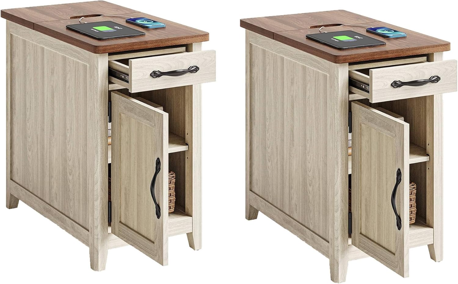 LINSY HOME End Table Set of 2 with Charging Station, Modern Farmhouse Sofa Couch Side Table, Wooden Bedside Table for Living Room Bedroom, Narrow Nightstand with Storage Cabinet for Small Space