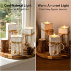 MelonBoat Rustic Flameless LED Candles 3-Pack, Battery Operated Candles with Wooden Candle Holders, White Rustic Farmhouse Decor, Farmhouse Candle Holder for Valentines Holiday Party Home Decor