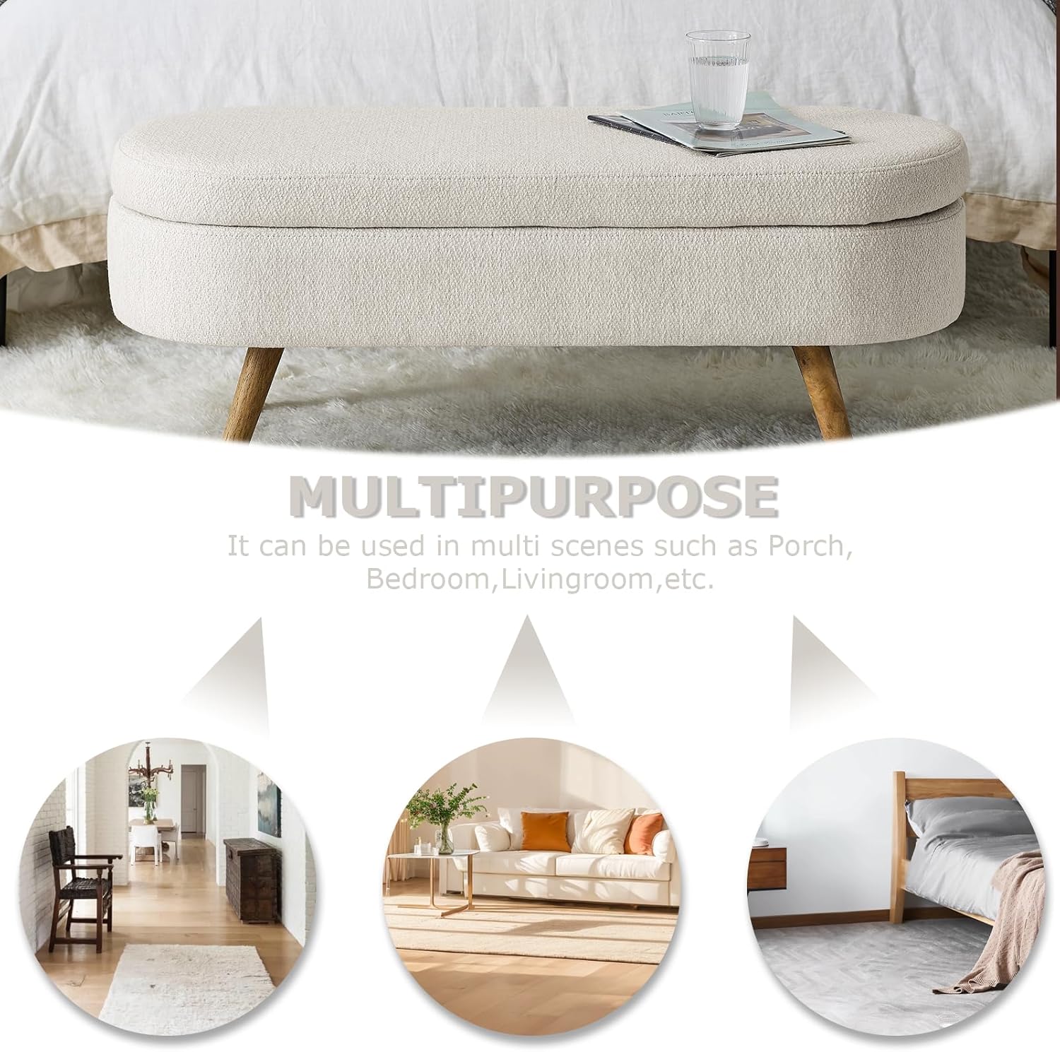 SoarFlash Ottoman Oval Storage Bench Linen Fabric Rubber Wood Legs（Beige）