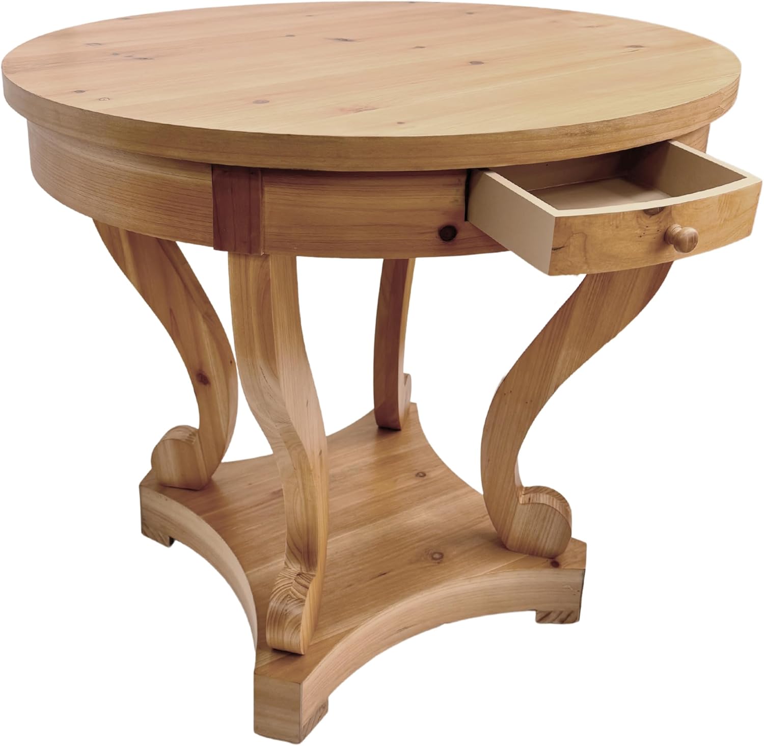Curved Legs Farmhouse Style Round Dining Table with Storage Drawers - Natural Wood Finish, Multi-Functional End Table/Coffee Table for Small Spaces, Kitchen, Living Room, or Dinerette