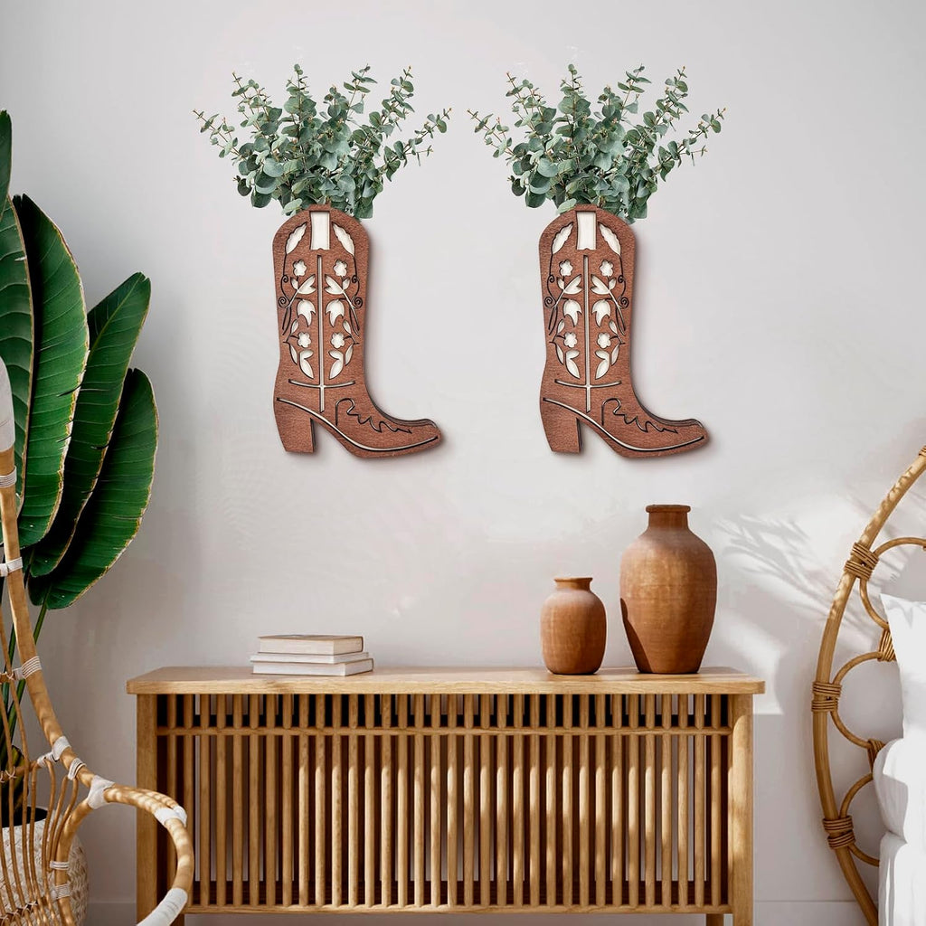 2 Pcs Wood Cowboy Boot Vase for Flowers Faux Greenery, Cowgirl Boot Decor, Western Wall Decor for Bathroom, Bedroom, Kitchen(Flower)
