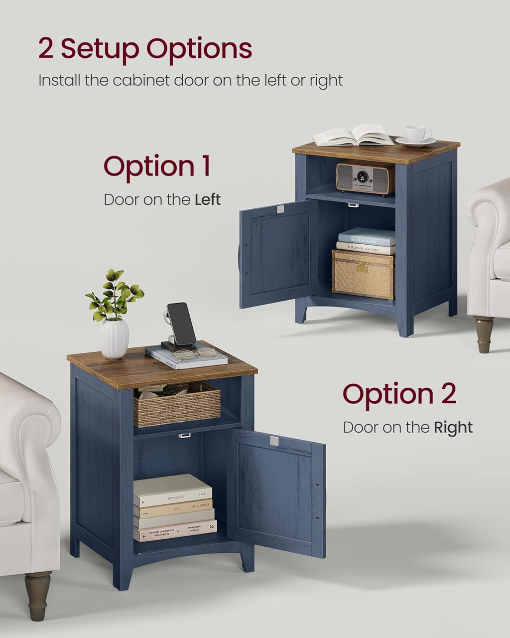 VASAGLE LIRY Collection - Farmhouse Nightstand, Barn Door, Set of 2, Bedside Table with Storage, Side End Table, Night Stand, Open Compartment, for Bedroom, Rustic Blue and Honey Brown ULET609Q101S-2J