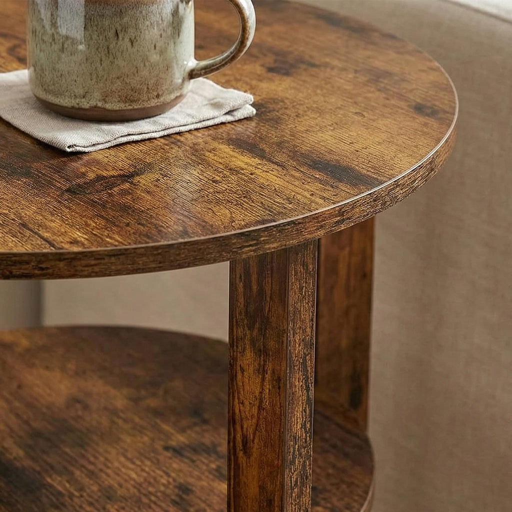 Round Side Table, 3-Tier End Table with Storage, 19.7 inch Rustic Brown Accent Table,Nightstand for Bedroom Living Room, Vintage Design for Couch, Sofa, Recliner, Small Space
