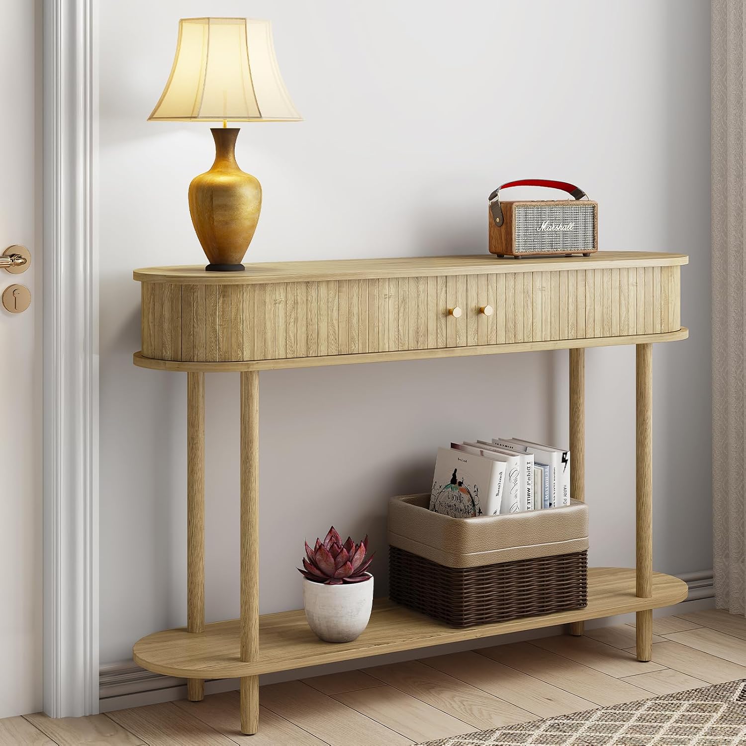 ARTPOWER 47.2" Modern Entryway Table with Wood Tambour Door, Accent Behind Couch Sofa Console Table with Storage, Fluted Side Table for Hallway, Living Room, Foyer, Natural Wood