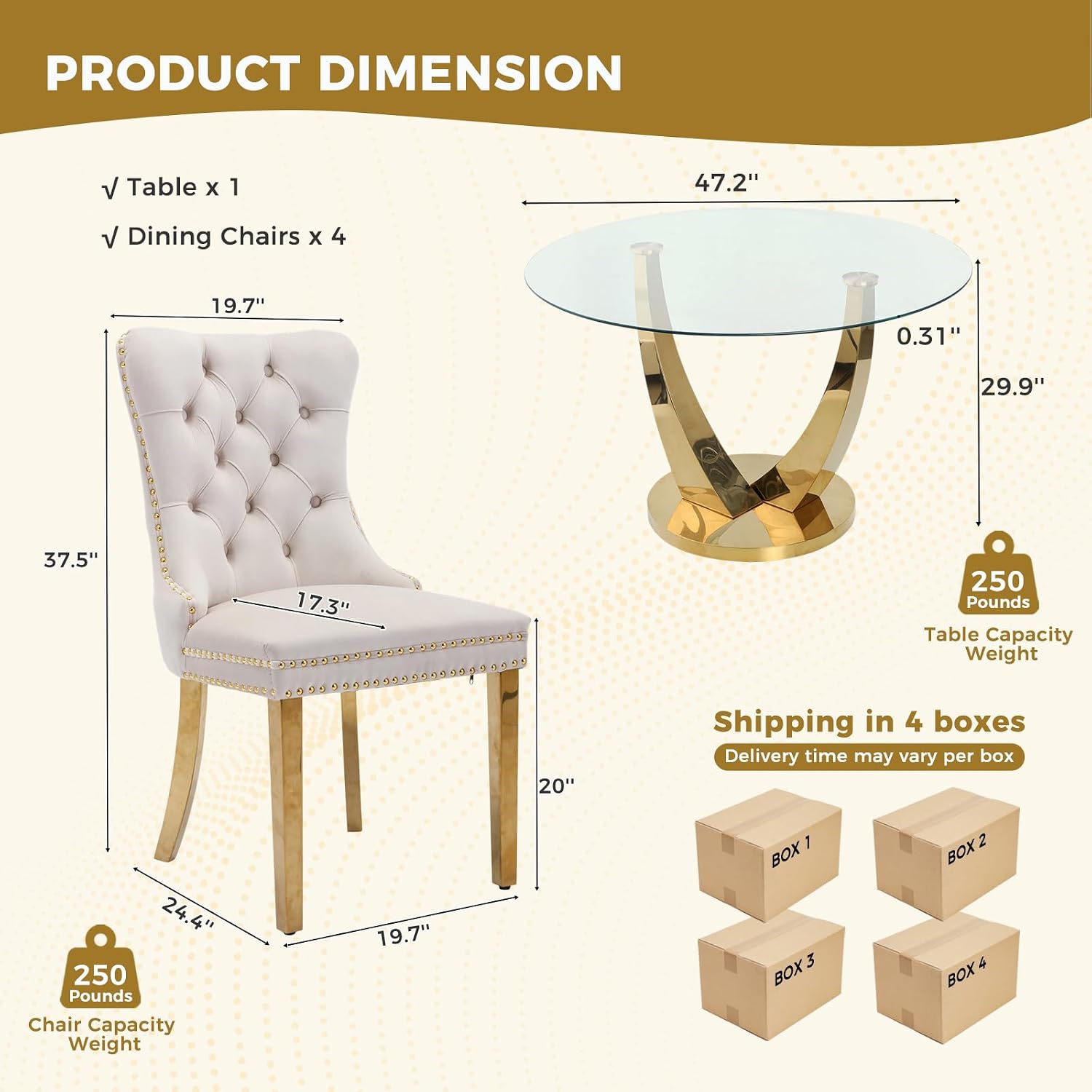 47.2 Inch Round Glass Dining Table Set for 4, Modern Round Dining Room Set with Gold Steel Base & 4 Upholstered Velvet Chairs, Space-Saving Circle Kitchen Table Set for Small Space, Beige