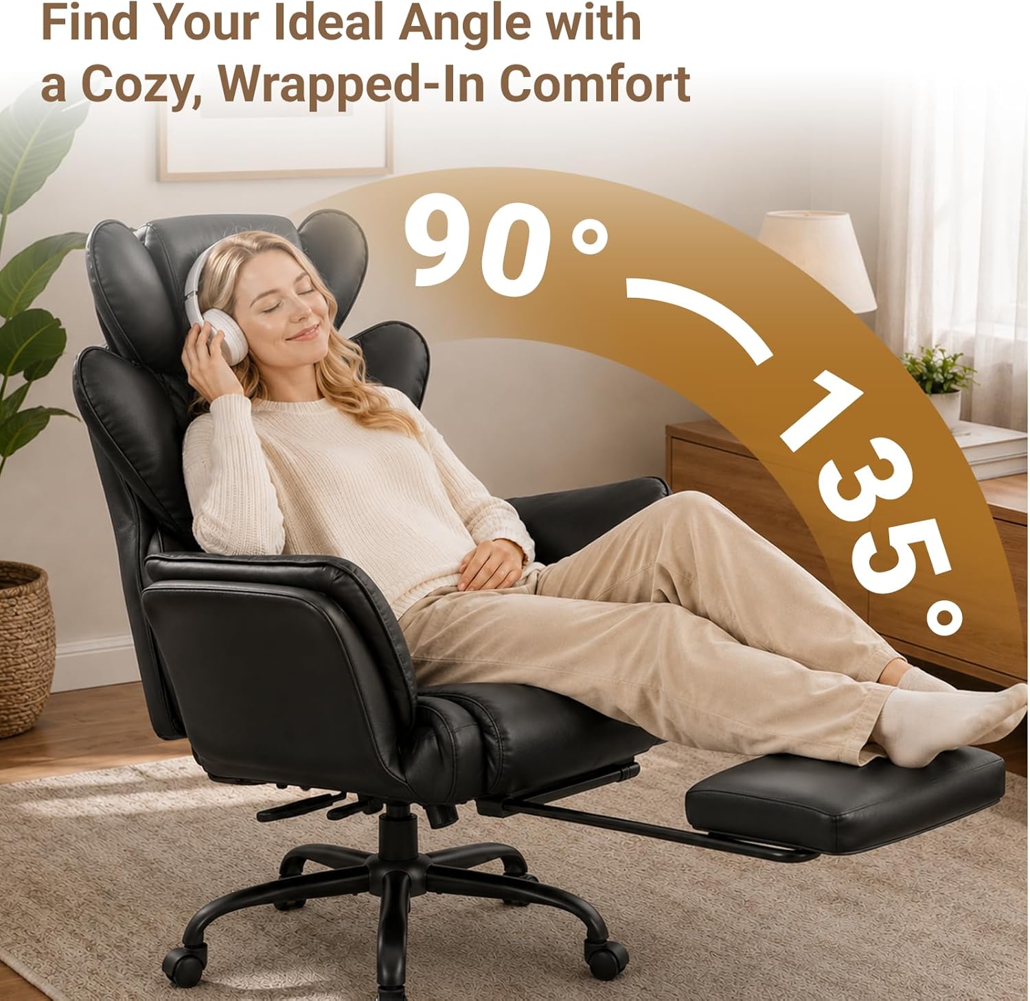 Big and Tall Office Chair with Flip Armrests for Pets and Cross Legged Sitting, Reclining Ergonomic Computer Desk Chair with Foot Rest, Wide Seat PU Leather Executive Chair, 135° Recline Silent Wheels
